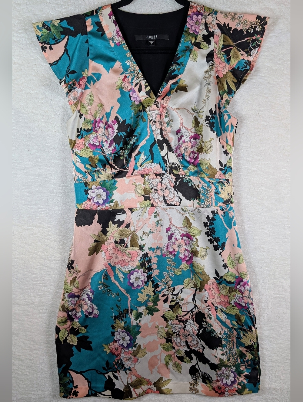 GUESS Floral Wrap-Style Dress in Teal & Pink